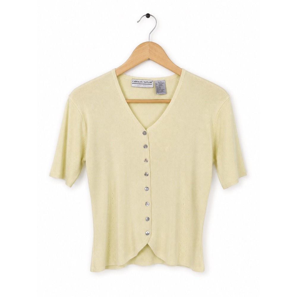 Vintage Y2K Carolyn Taylor Soft-Buttercream Ribbed Knit Short Sleeve Cardigan M